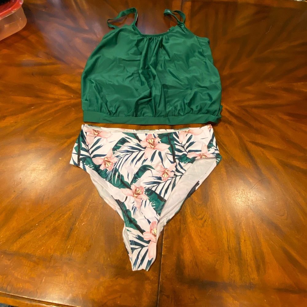 New 2 piece bathing suit. Green and white stripes. Size Large.
